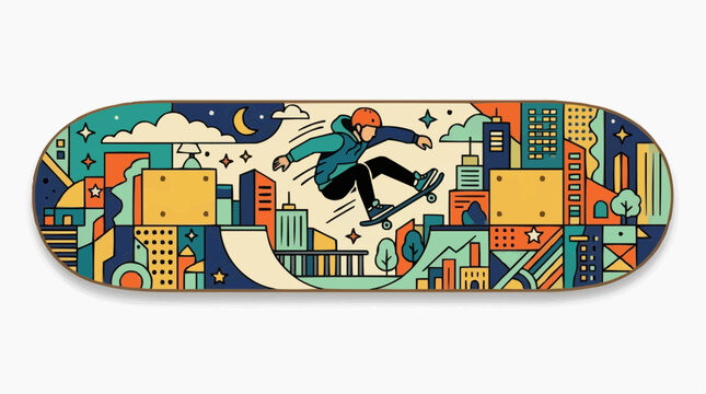 A vibrant skateboard with intricate cityscape art showcases an urban adventure and dynamic lifestyle. The design captures the thrill of skateboarding in an illustrated style.