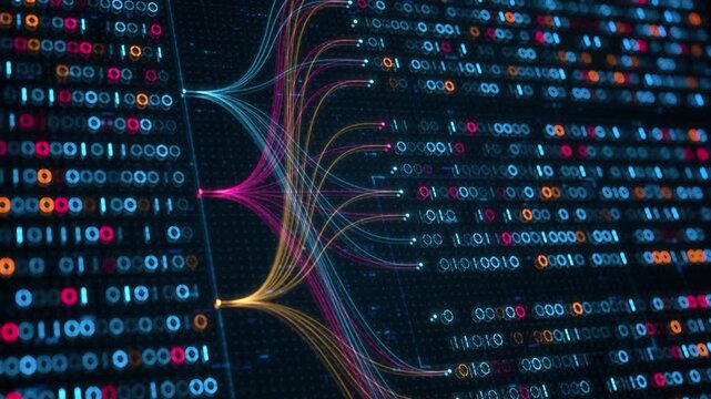 Big Data Analytics, Neural Network Data Flow Visualization, AI Machine Learning, Quantum Computing, Binary Code Digital Grid of Ones and Zeros, Artificial Intelligence Technology Abstract Background