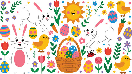 Obraz premium Easter Cute Cartoon Collection Bunny, Eggs, Chick, and Spring Floral Elements