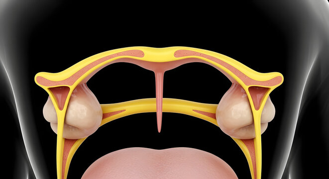 Vocal fold anatomy with detailed view of glottis and larynx structure rendered.