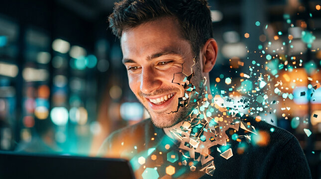 Futuristic portrait of smiling man with digital fragmentation effect