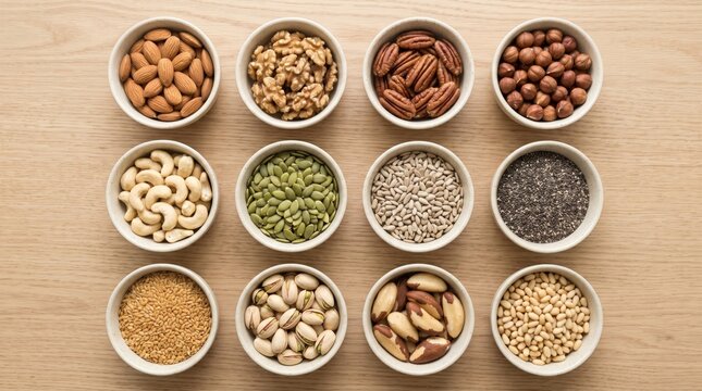 Assorted healthy nuts and seeds in bowls on wooden table