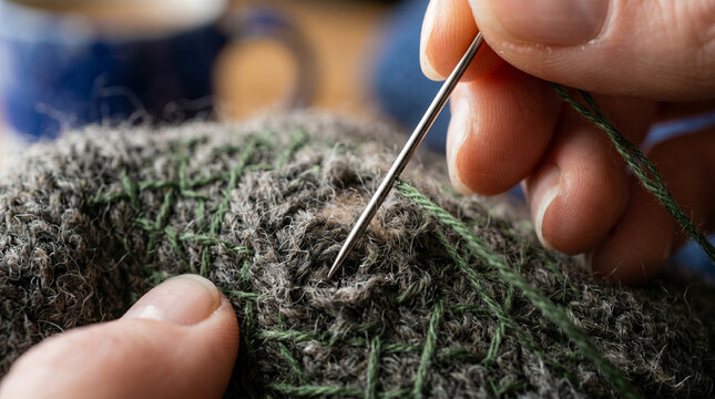 Close-up of hands darning knitted fabric with needle and thread