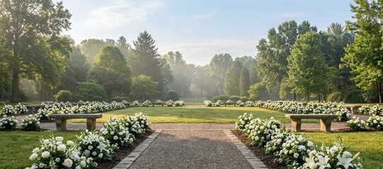 Fototapeta premium Memorial garden landscape with rows of white floral arrangements