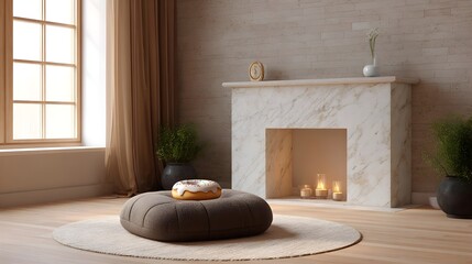 Obraz premium A cozy and modern interior setting featuring a fireplace potted plants and a decorative donut on a neutral pouf