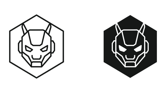 Hexagon icon of futuristic robot ant head with horns