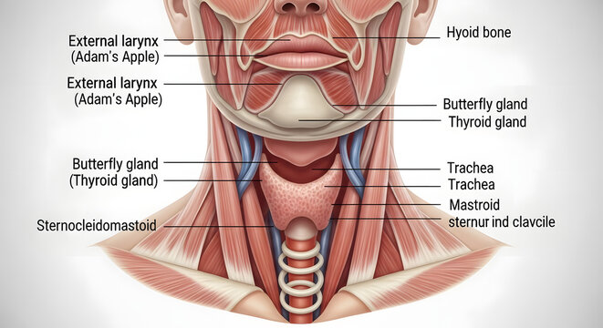 Anatomy of human neck muscles and larynx structure for medical study.