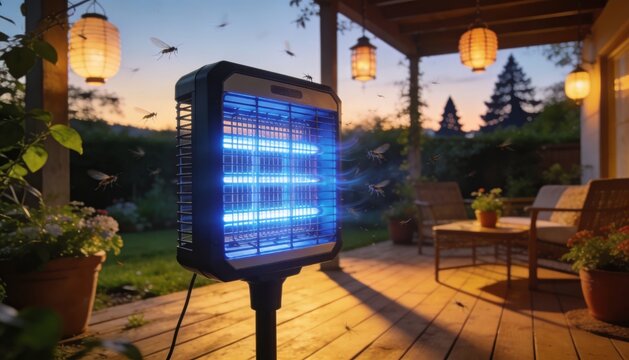 Bug zapper glowing at dusk on patio deck with warm lanterns and chairs