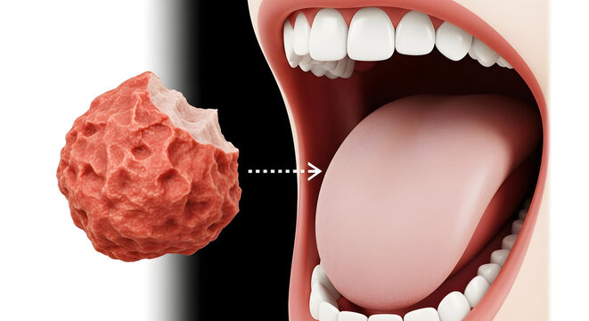 Medical illustration of a rough textured object being placed inside human mouth.