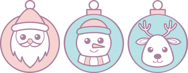 Three christmas ornaments featuring santa claus, a snowman, and a reindeer in pastel colors © Stock Design