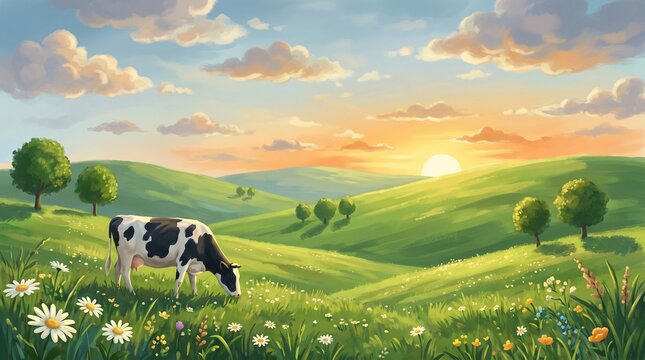 Dairy cow grazing on lush green meadow at sunrise with rolling hills and wildflowers representing natural farming and fresh milk production for World Milk