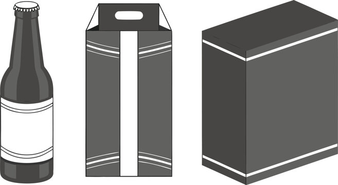 Set of gray bottle, carrier bag, and rectangular box with white label and trim on white background