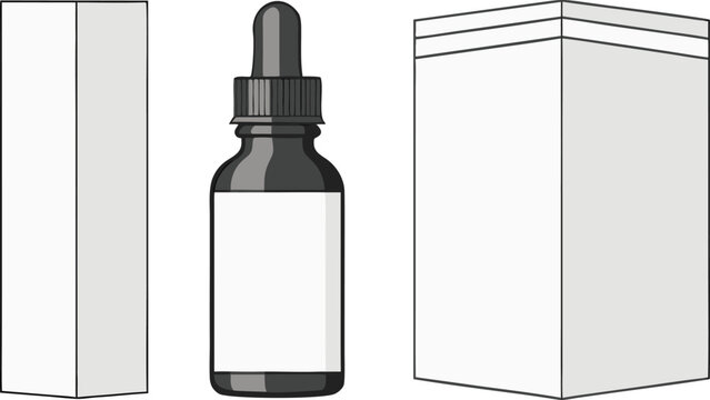 Dropper bottle with blank label and two rectangular boxes on a white background