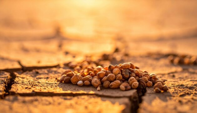 Small discolored pebbles scattered across a dry cracked ground surface during a warm golden hour, representing environmental change and the harsh reality of an arid and sun scorched terrain.