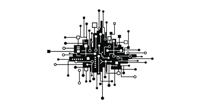 Circuitry board patterns form an intricate digital network of interconnected lines and nodes on a white.