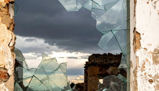 A shattered glass pane framing a dramatic view of a stormy sky over ancient stone ruins at sunset.