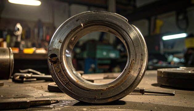 A weathered and tarnished metallic ring from a broken industrial machine part resting on a workbench in a workshop, showcasing the heavy textures and aged character of mechanical components.