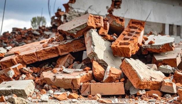 A pile of fragmented and discolored red bricks forming a jagged and unstable heap at an industrial construction site or after a demolition process.