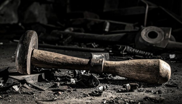 A weathered and mended wooden tool handle resting amidst scattered metallic shrapnel in a dark workshop environment.