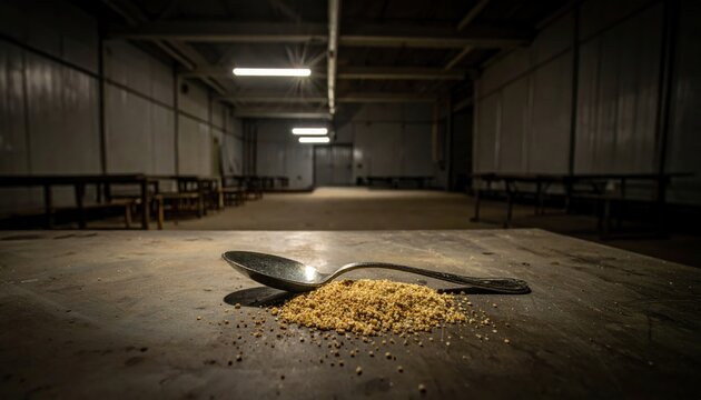 A single tarnished silver spoon with a bent handle rests on a worn surface beside a scattering of coarse golden grain in a dark and desolate industrial warehouse setting during the night.
