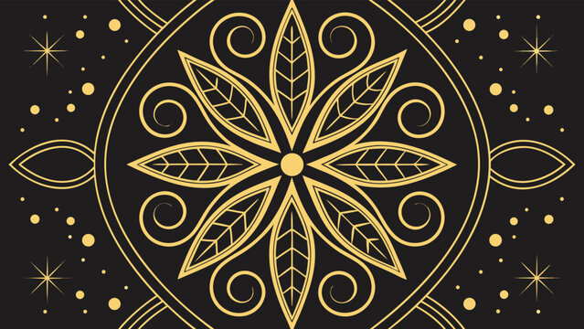 Dark background, with golden floral, mandala pattern and, starry accents in, circular frame