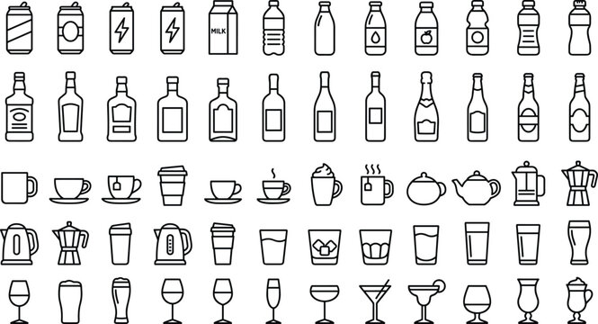 set of various drink bottles and glassware flat design vector illustration
