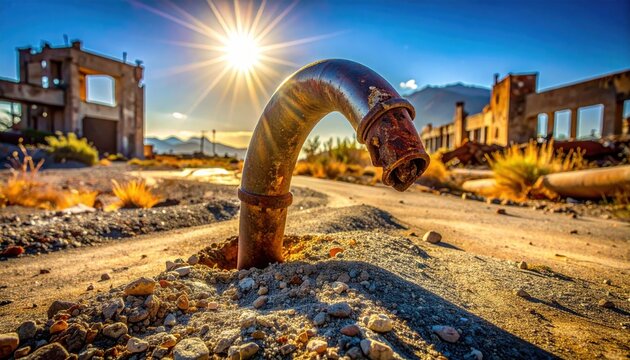 A bent and twisted metal pipe stands as a silent remnant of destroyed infrastructure in a desolate landscape at sunset, symbolizing urban decay and the passage of time through environmental change.