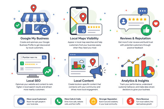 Illustrated infographic showing local business marketing strategies on digital devices
