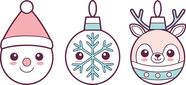 Kawaii christmas ornaments with snowman and reindeer on white
