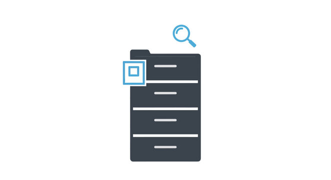 Filing cabinet with magnifying glass, data search concept, digital archive icon
