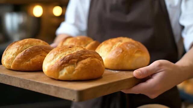 baker in brown apron presents wooden board with freshly baked golden rolls. artisanal bread from local bakery. concept of small business and craftsmanship.