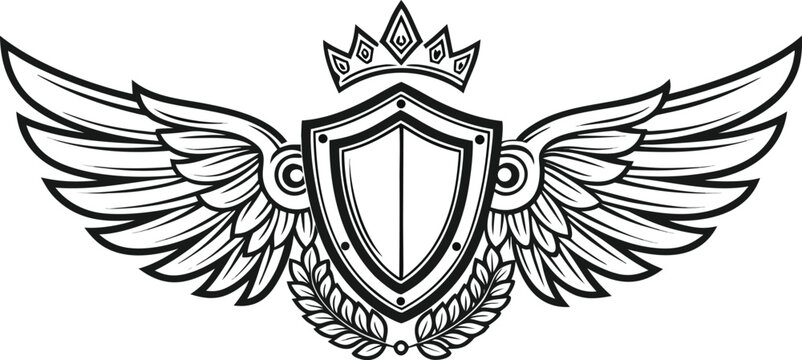 Ornate heraldic shield crest with wings, crown, and laurel wreath line