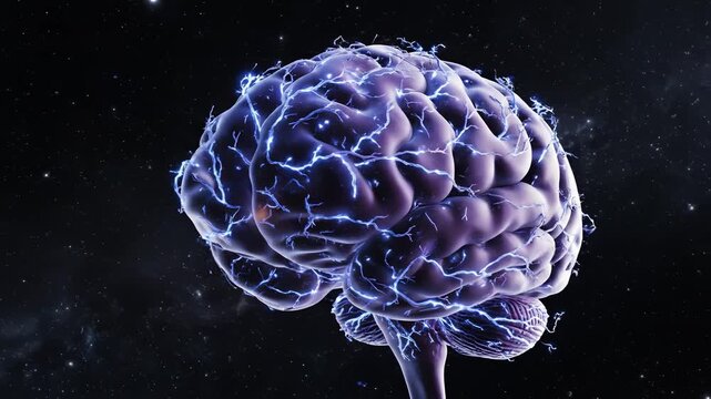 Human brain with electric activity in space highlighting geometric patterns and contemporary art