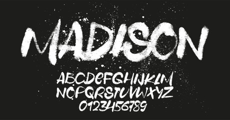 Textured white brush stroke alphabet. Grungy hand drawn typeface on dark background, rough texture, dry brush lettering, expressive strokes, modern typography, artistic font © rosovskyi