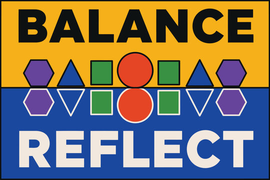 Colorful geometric shapes balancing and reflecting with red circle center