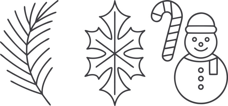 Set of christmas line including a pine branch, snowflake, and snowman