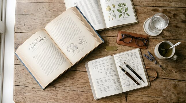 Brazilian Reading Day: Vintage books, glasses, a pen and a cup of tea arranged on a wooden table. It's a cozy scene of intellectual pursuits and relaxation
