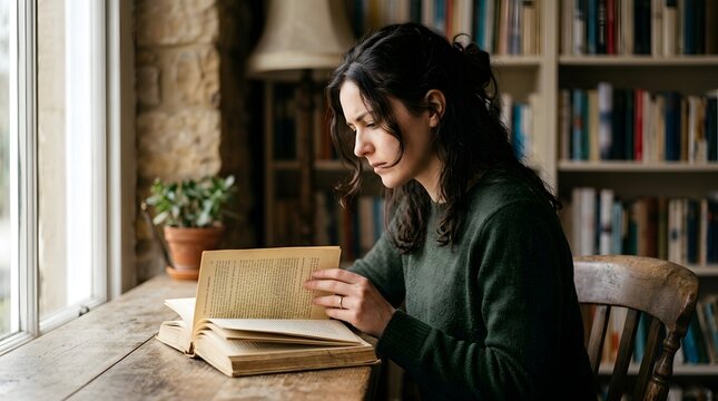 Brazilian Reading Day: A woman engrossed in reading a book in a cozy library setting. The image evokes a sense of tranquility and intellectual pursuits.
