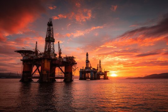 Two oil rigs are positioned in the water at sunset. The sun sets on the horizon, casting orange and pink light across the sky and reflecting in the ocean
