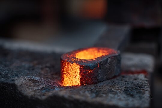 A blacksmith works on a piece of heated metal in a workshop at night. The glowing heat and sparks show the process of shaping metal into tools or art