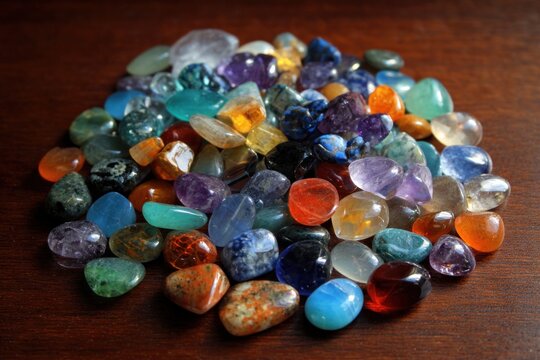 Various gemstones in different colors and shapes are scattered on a brown wooden surface. The stones reflect light and show natural patterns. This scene is set in a bright room during the day