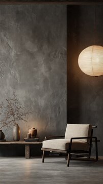 A chair sits in a room with a gray wall. A wooden table displays various vases. A soft light comes from a lamp hanging above. It is evening, creating a warm atmosphere
