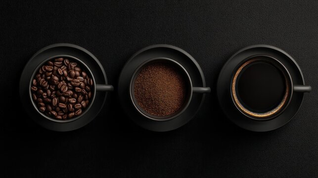 Three black cups are arranged on a dark surface. On the left, whole coffee beans are present, in the center is ground coffee, and on the right is brewed coffee ready to drink
