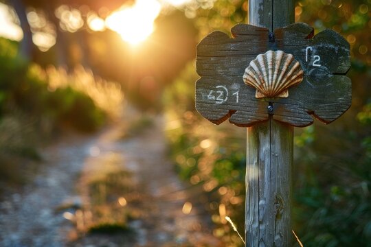 A wooden trail sign marked with a seashell stands at the edge of a path. The sun sets in the background, casting warm light over the grassy area