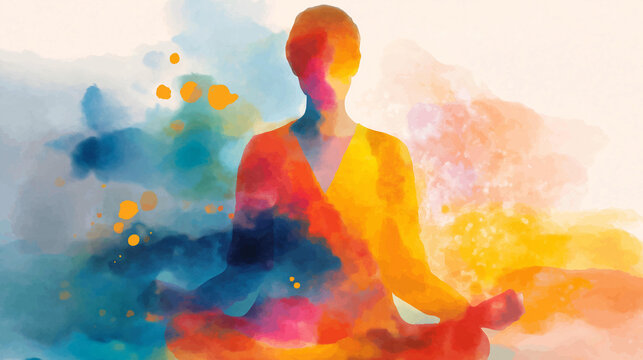 Colorful abstract illustration of a faceless person in a meditation pose surrounded by a mandala and vibrant watercolor splashes. Abstract meditation, mandala watercolor, colorful