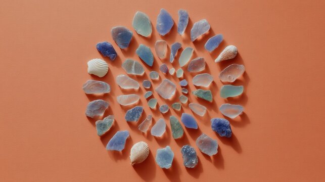 Various pieces of colored glass and shells are arranged in a spiral design on an orange background. The glass pieces show many different colors and shapes