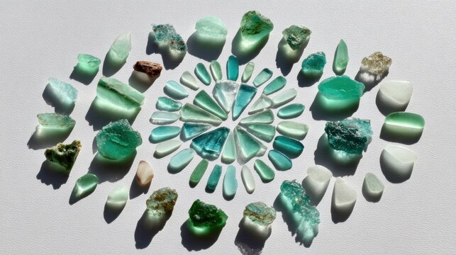 A variety of green crystals and stones are spread out in a circular design on a white surface. The stones are different shapes and textures. Natural light highlights their colors