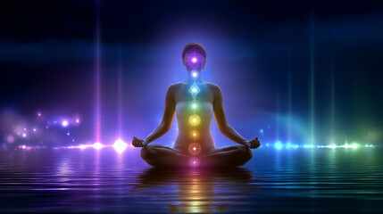 Fototapeta premium Faceless person in a yoga pose with seven glowing chakras aligned on their body surrounded by vibrant energy patterns against a vast tranquil universe backdrop. Seven chakra pose,