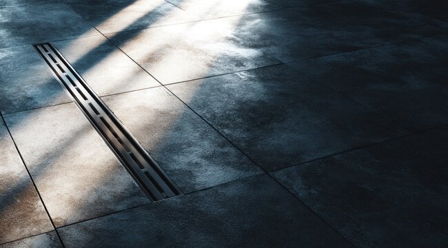 Sunlight comes through windows and creates shadows on a concrete floor. A drainage channel runs along the surface, adding detail to the simple scene happening in the room