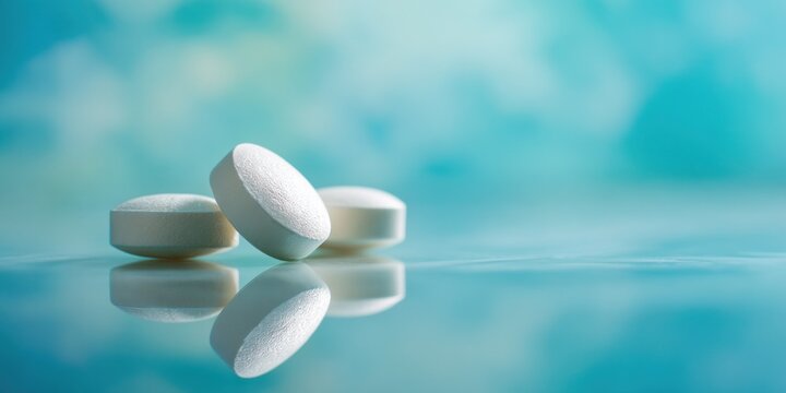 Three white pills lay on a reflective surface. The light creates a soft blue background. This setting suggests a focus on health or medication